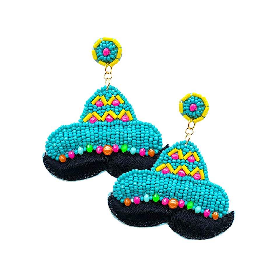 Felt Back Seed Beaded Hat Mustache Dangle Earrings - Madeline Love - Flyclothing LLC