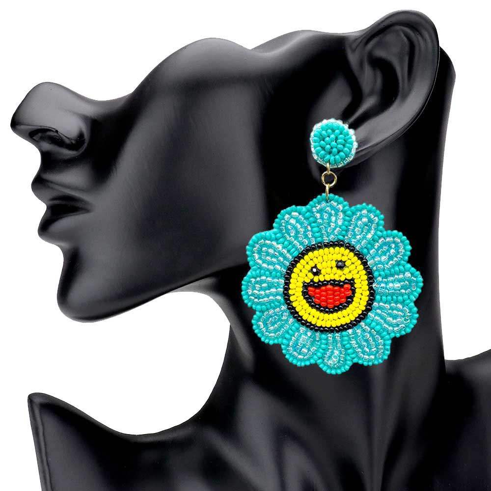 Felt Back Seed Beaded Smile Flower Dangle Earrings - Madeline Love - Flyclothing LLC