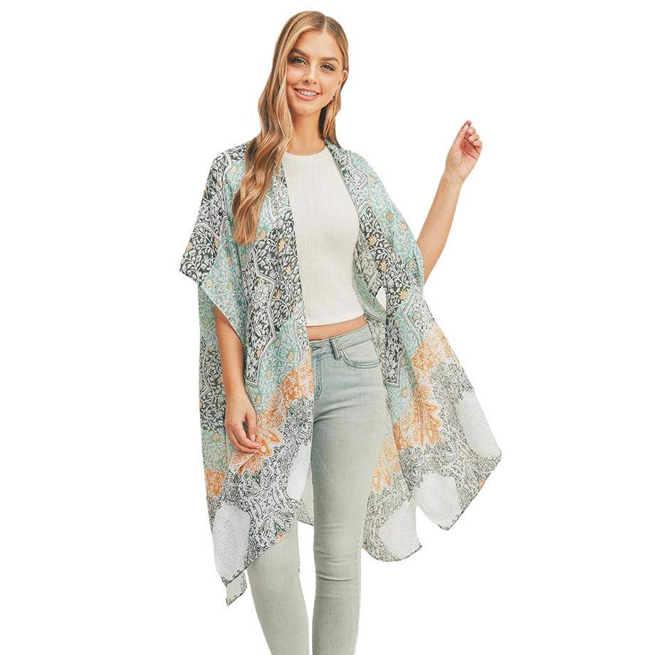 Floral Leaf Patterned Cover Up Kimono Poncho - Madeline Love - Flyclothing LLC