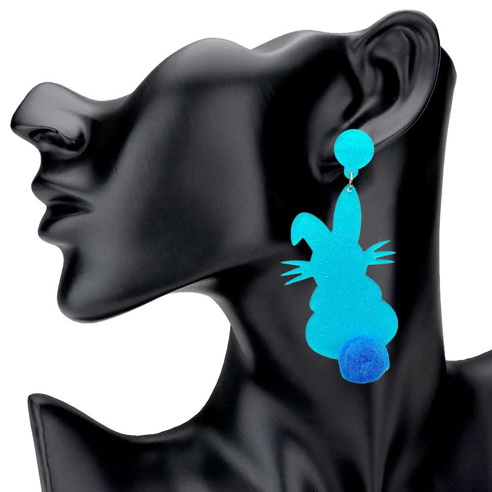 Glittered Resin Easter Bunny Pom Pom Tail Dangle Earrings - Madeline Love - Flyclothing LLC