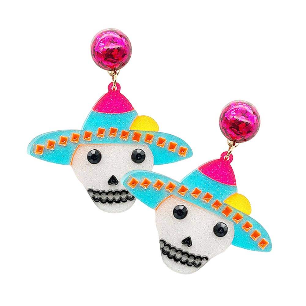 Glittered Resin Hat Skull Dangle Earrings - Madeline Love - Flyclothing LLC