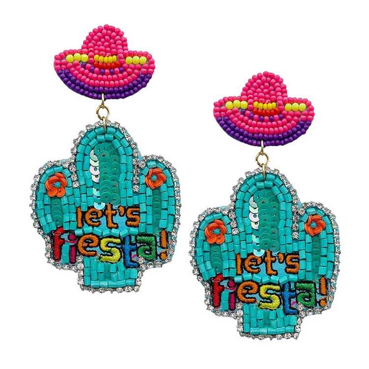 Lets Fiesta Felt Back Sequin Beaded Cactus Dangle Earrings - Madeline Love - Flyclothing LLC