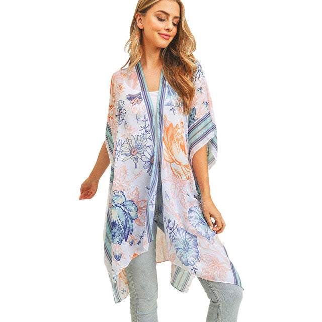 Multi Flower Patterned Cover Up Kimono Poncho - Madeline Love - Flyclothing LLC