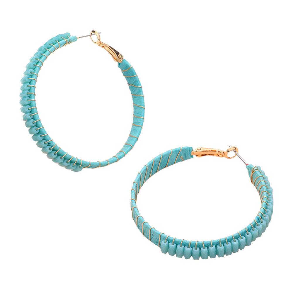 Rectangle Bead Trimmed Raffia Wrapped Hoop Earrings - Madeline Love - Flyclothing LLC