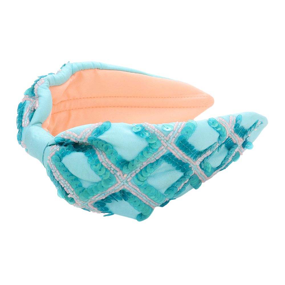 Sequin Beaded Check Patterned Knot Burnout Headband - Madeline Love - Flyclothing LLC