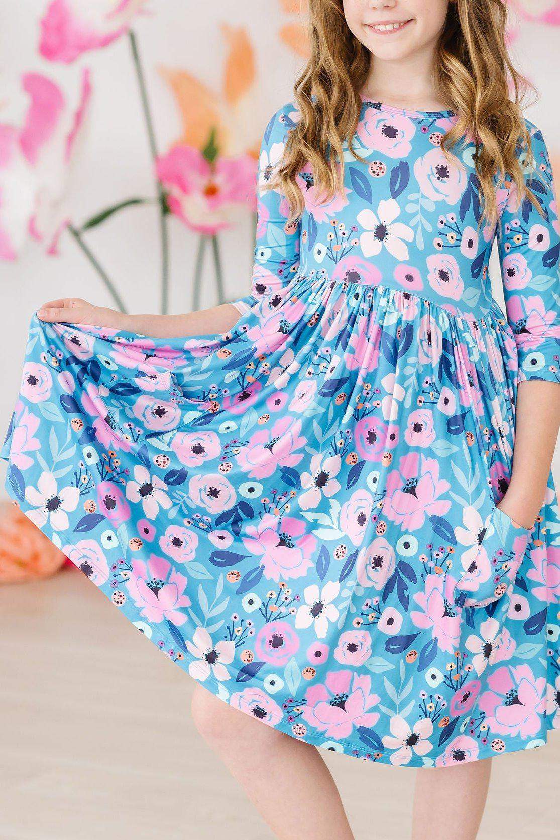 Twirling in Teal 3/4 Sleeve Pocket Twirl Dress - Mila & Rose ® - Flyclothing LLC