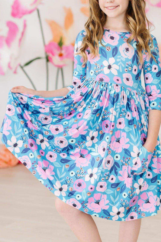 Twirling in Teal 3/4 Sleeve Pocket Twirl Dress - Mila & Rose ® - Flyclothing LLC