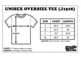 Unisex oversized tee size chart with measurements and Goodie Two Sleeves branding.