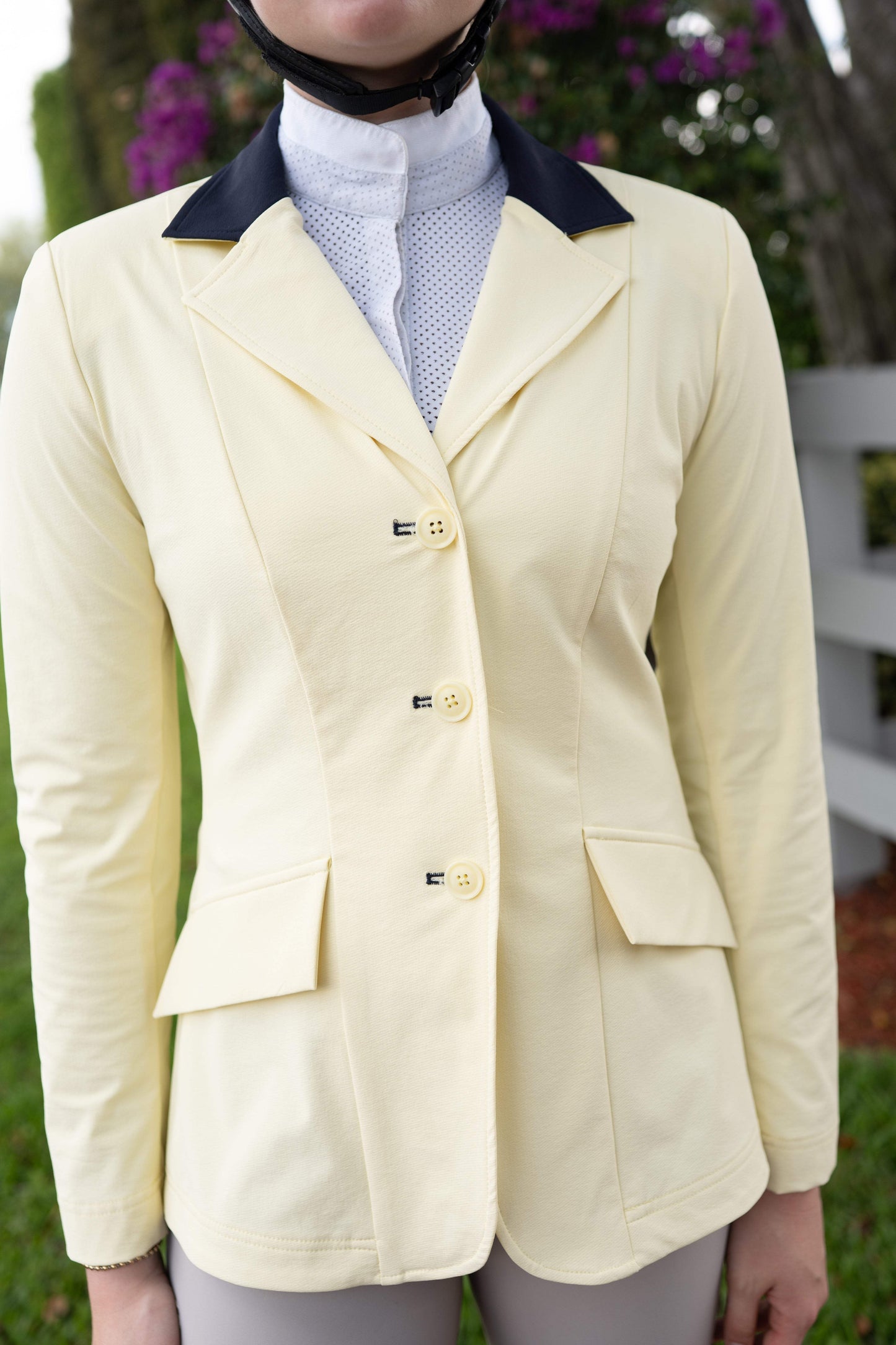 Grand Prix Ladies EQJ 3 Button Show Coat, Butter with Navy Collar - Huntley Equestrian - Flyclothing LLC