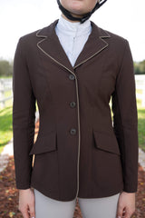 Grand Prix Ladies EQJ 3 Button Show Coat, Chocolate with Tan Piping - Huntley Equestrian - Flyclothing LLC