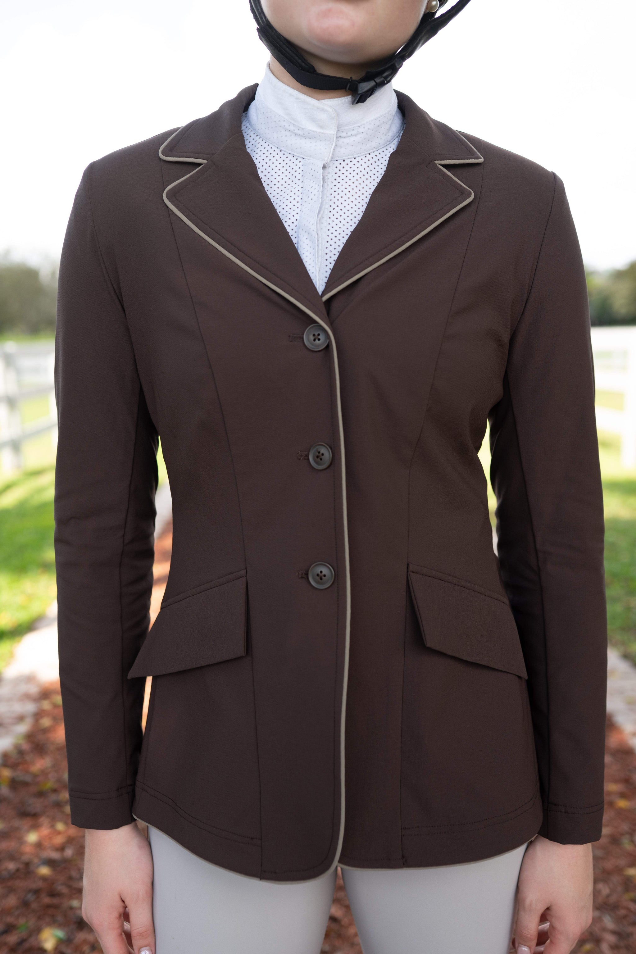 Grand Prix Ladies EQJ 3 Button Show Coat, Chocolate with Tan Piping - Huntley Equestrian - Flyclothing LLC