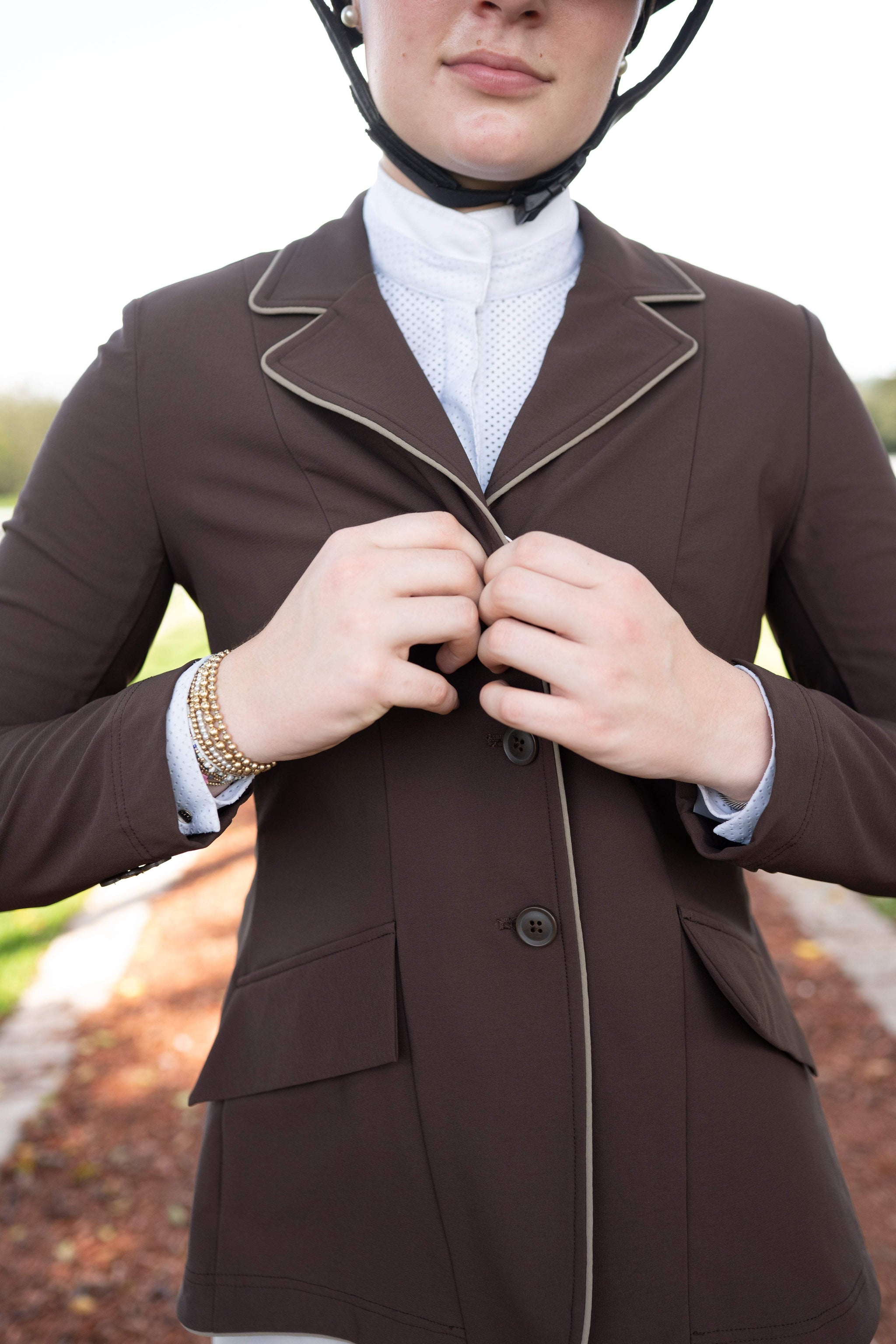 Grand Prix Ladies EQJ 3 Button Show Coat, Chocolate with Tan Piping - Huntley Equestrian - Flyclothing LLC