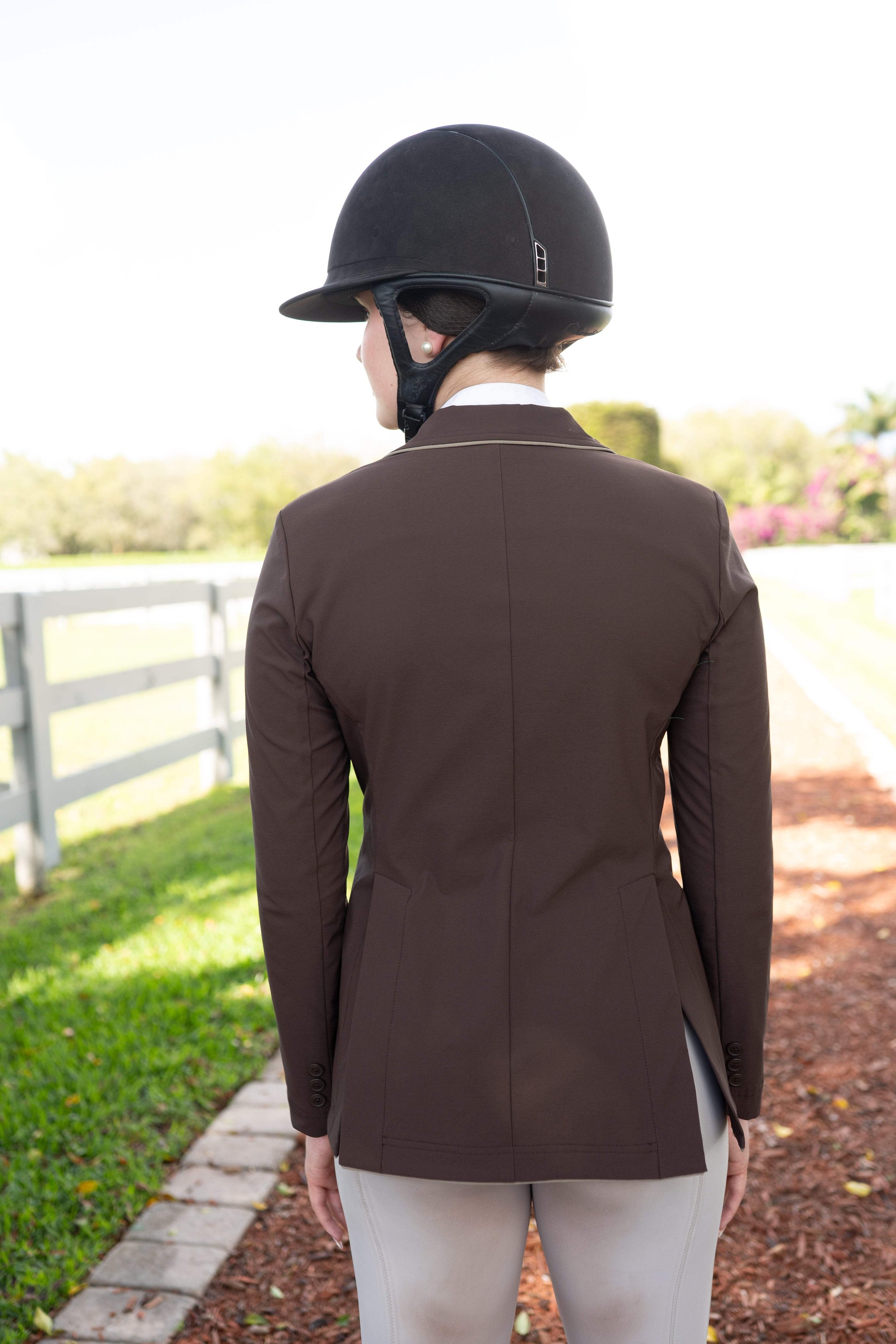 Grand Prix Ladies EQJ 3 Button Show Coat, Chocolate with Tan Piping - Huntley Equestrian - Flyclothing LLC