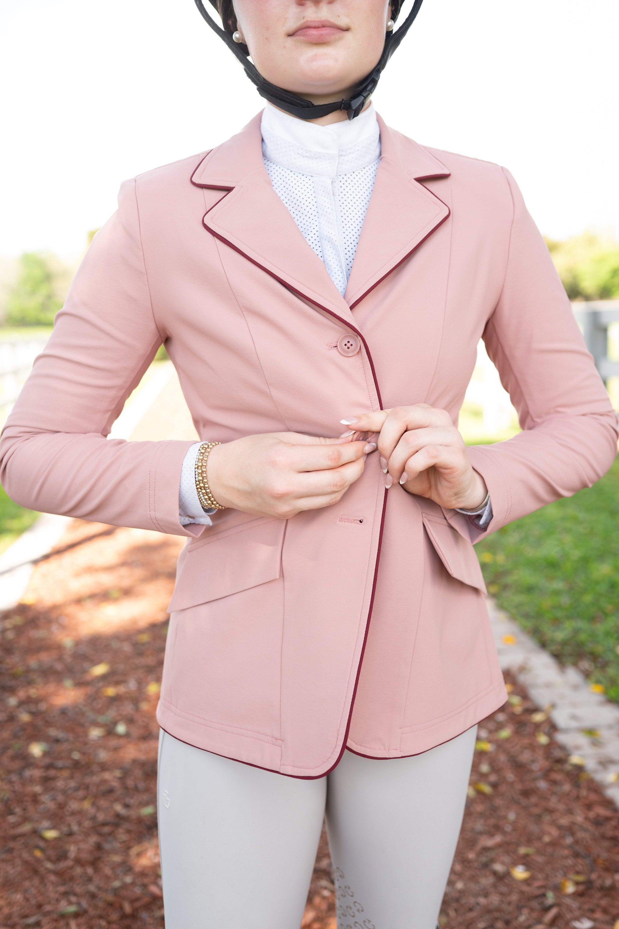 Grand Prix Ladies EQJ 3 Button Show Coat, Rose with Burgundy Piping - Huntley Equestrian - Flyclothing LLC