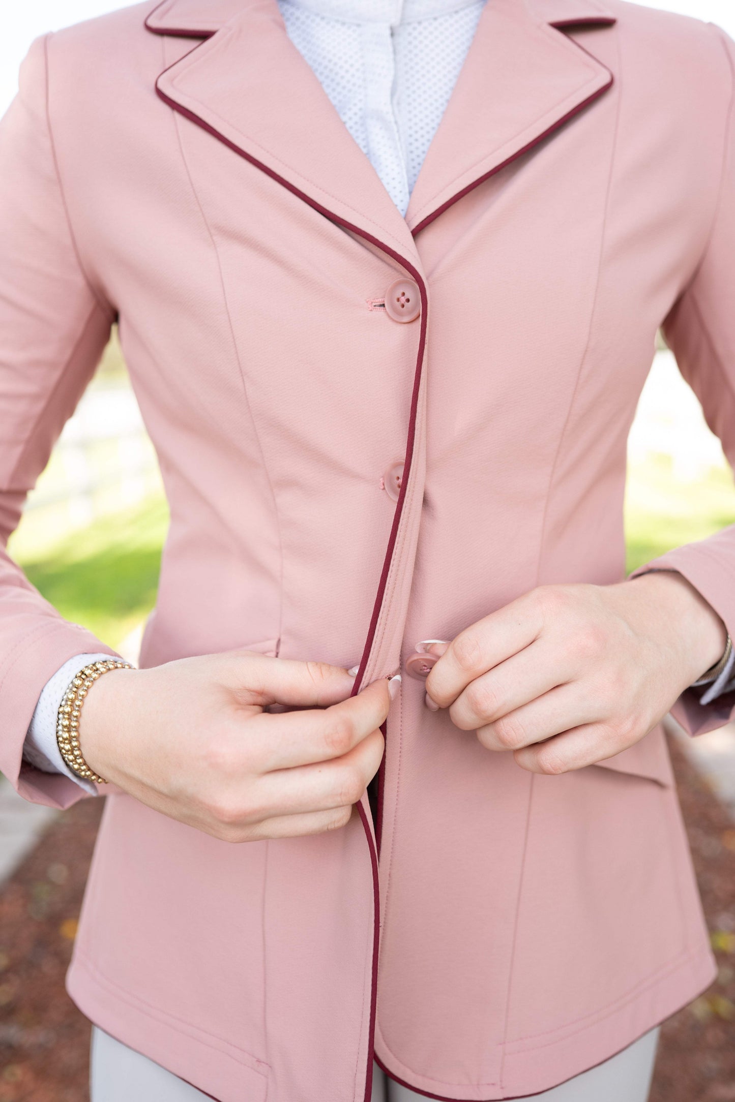 Grand Prix Ladies EQJ 3 Button Show Coat, Rose with Burgundy Piping - Huntley Equestrian - Flyclothing LLC
