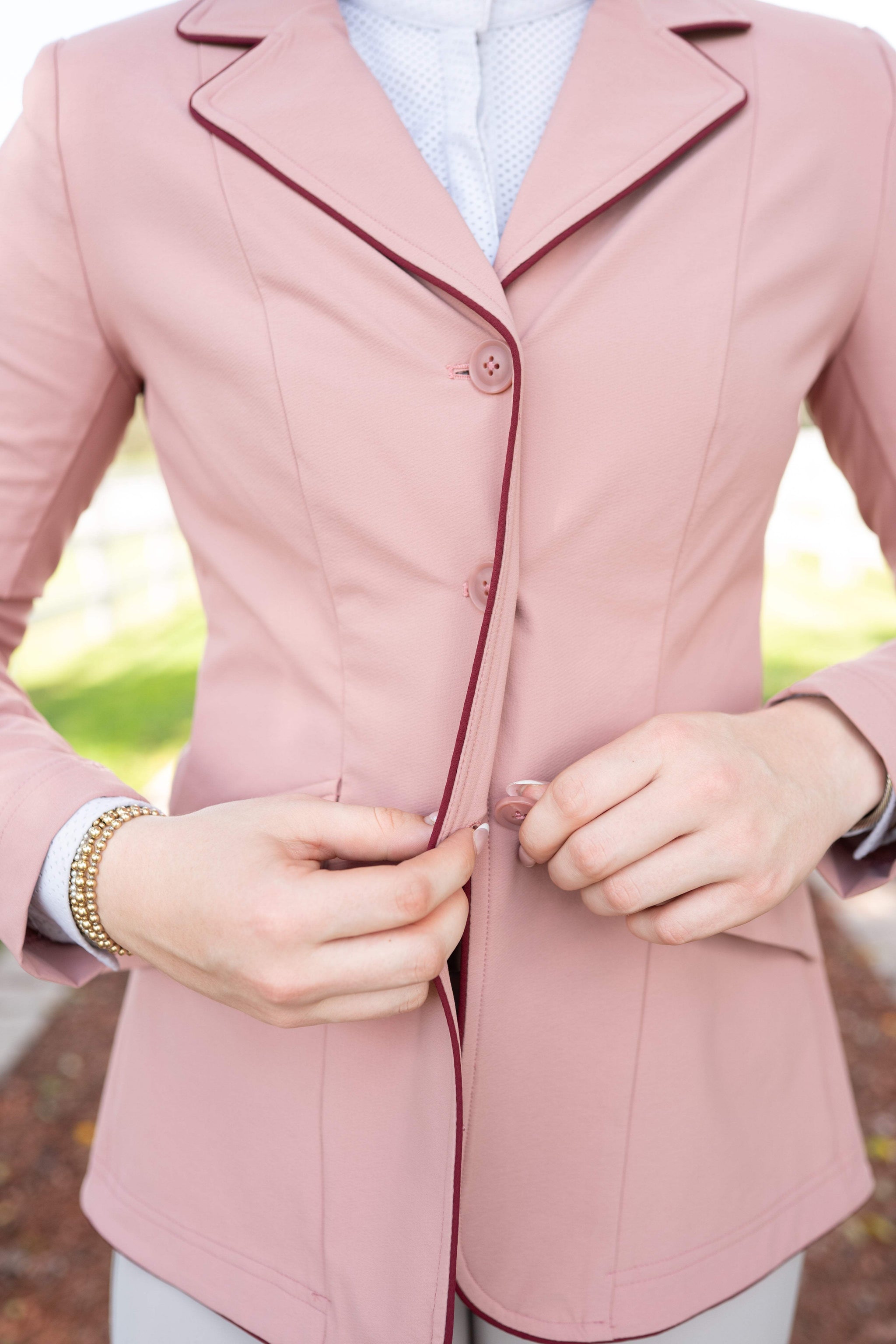 Grand Prix Ladies EQJ 3 Button Show Coat, Rose with Burgundy Piping - Huntley Equestrian - Flyclothing LLC