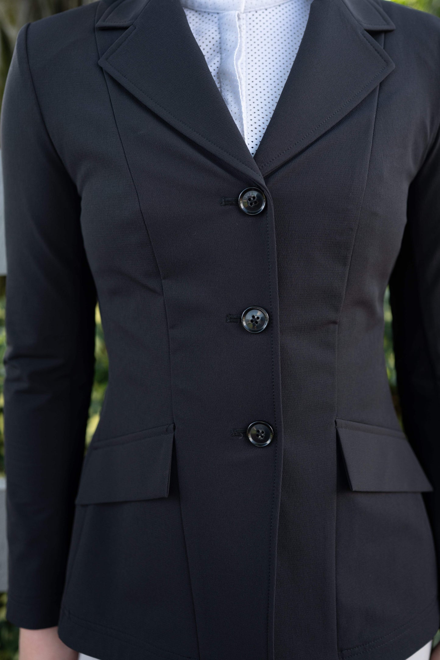 Grand Prix Ladies EQJ 3 Button Show Coat, NY Tech Fabric, Black - Huntley Equestrian - Flyclothing LLC