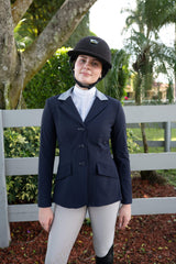 Grand Prix Ladies EQJ 3 Button Show Coat, Navy with Cadet Blue Collar - Huntley Equestrian - Flyclothing LLC