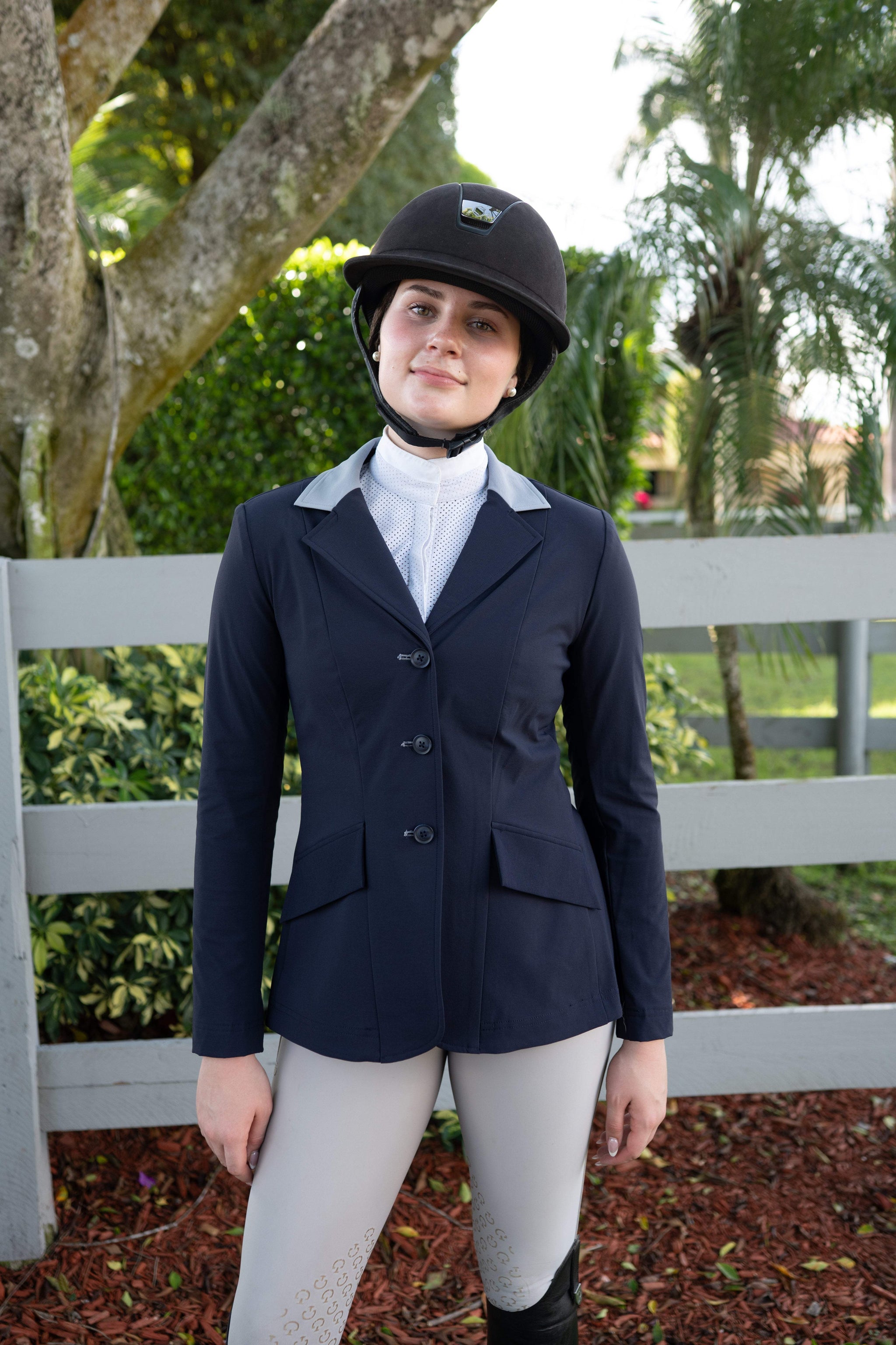Grand Prix Ladies EQJ 3 Button Show Coat, Navy with Cadet Blue Collar - Huntley Equestrian - Flyclothing LLC