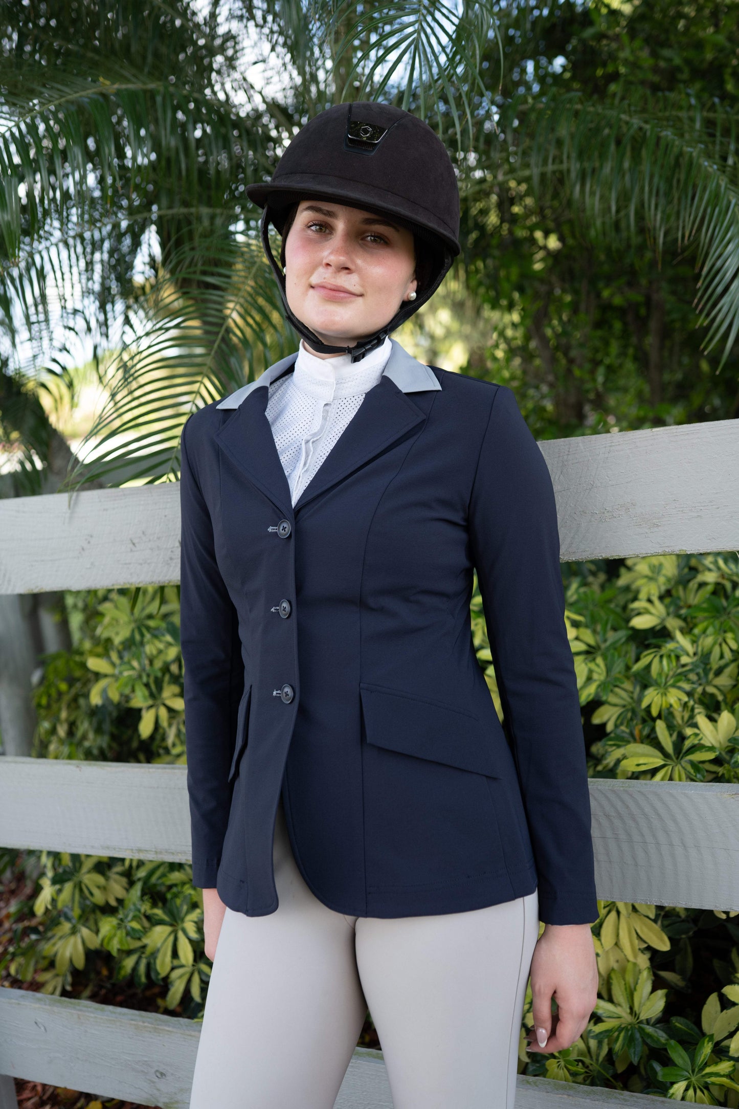 Grand Prix Ladies EQJ 3 Button Show Coat, Navy with Cadet Blue Collar - Huntley Equestrian - Flyclothing LLC