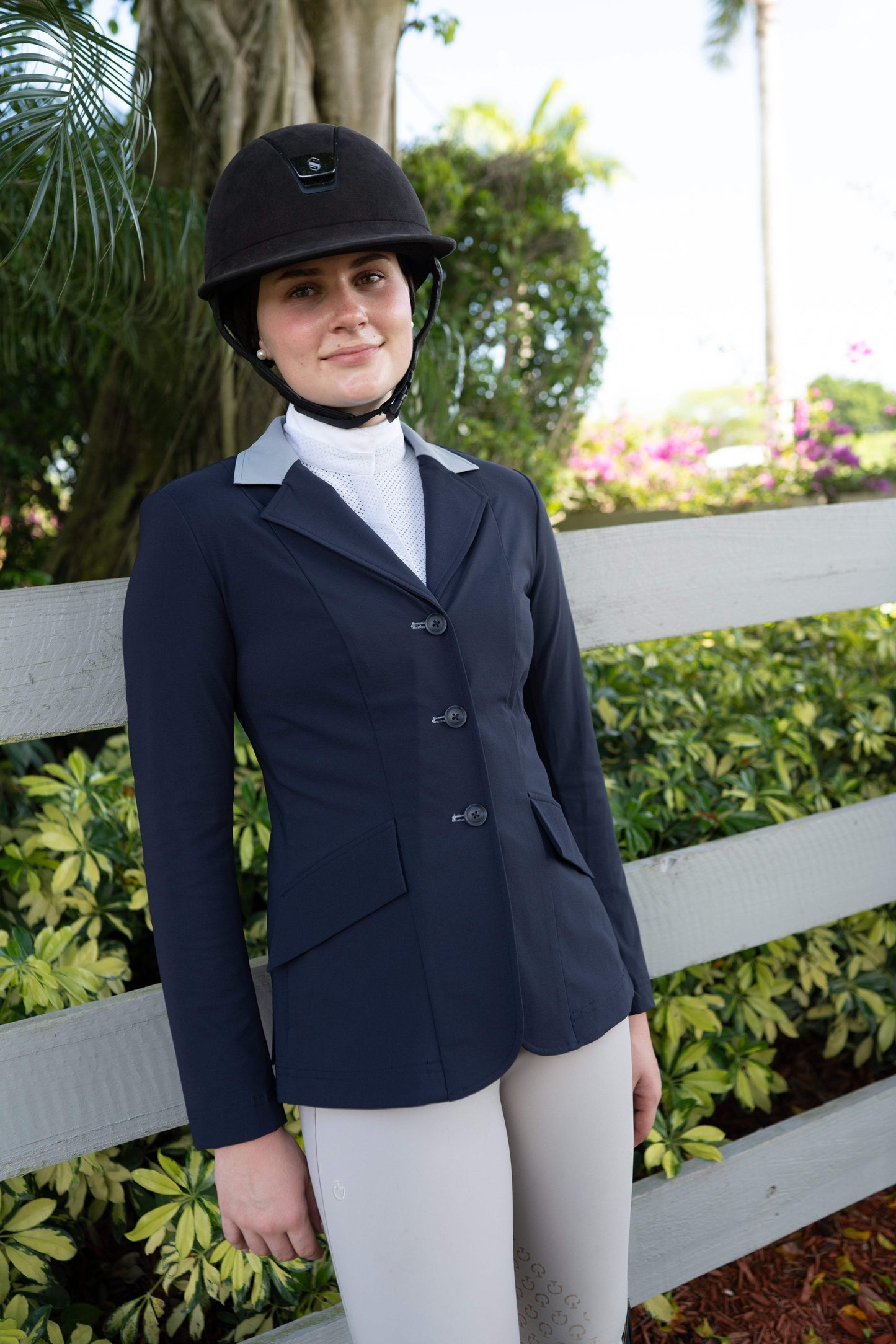 Grand Prix Ladies EQJ 3 Button Show Coat, Navy with Cadet Blue Collar - Huntley Equestrian - Flyclothing LLC
