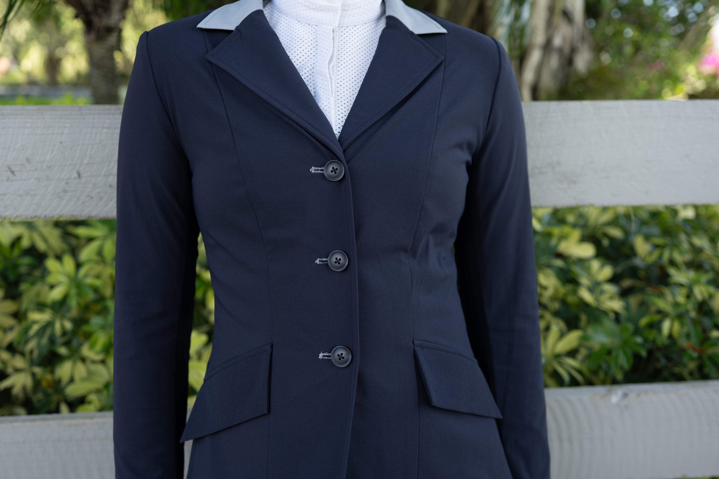 Grand Prix Ladies EQJ 3 Button Show Coat, Navy with Cadet Blue Collar - Huntley Equestrian - Flyclothing LLC