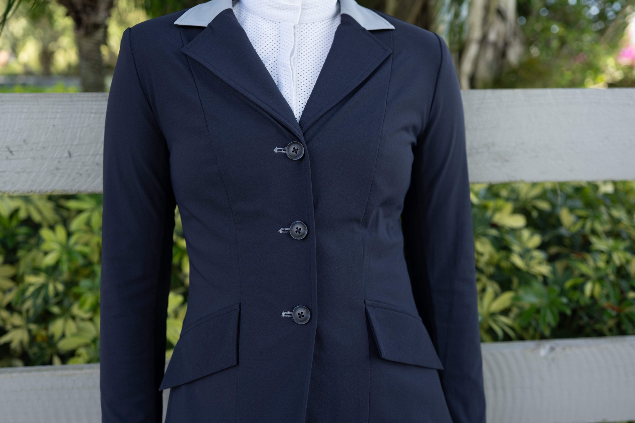 Grand Prix Ladies EQJ 3 Button Show Coat, Navy with Cadet Blue Collar - Huntley Equestrian - Flyclothing LLC