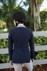 Grand Prix Ladies EQJ 3 Button Show Coat, Navy with Cadet Blue Collar - Huntley Equestrian - Flyclothing LLC