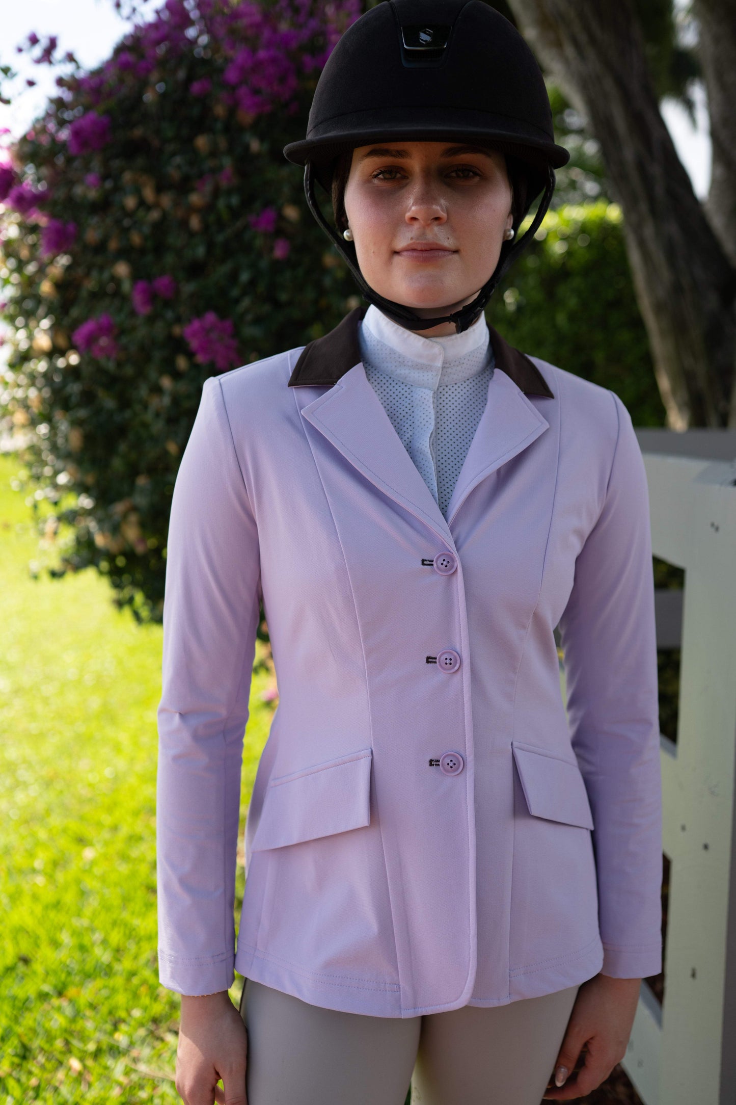 Grand Prix Ladies EQJ 3 Button Show Coat, Lilac with Chocolate Collar - Huntley Equestrian - Flyclothing LLC