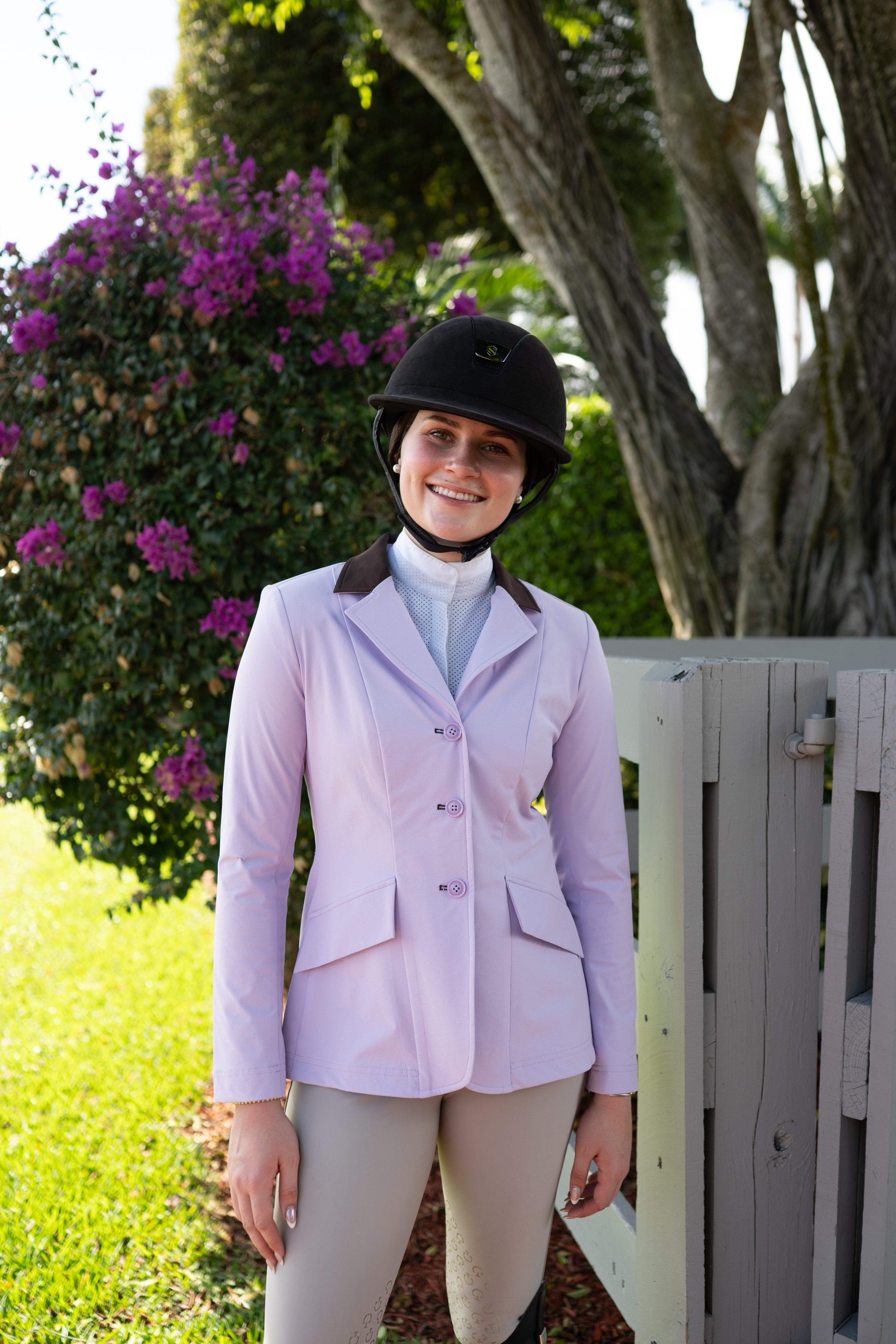 Grand Prix Ladies EQJ 3 Button Show Coat, Lilac with Chocolate Collar - Huntley Equestrian - Flyclothing LLC