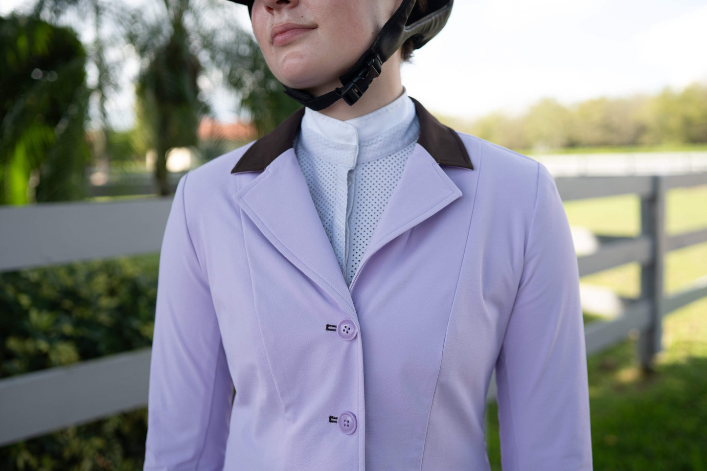 Grand Prix Ladies EQJ 3 Button Show Coat, Lilac with Chocolate Collar - Huntley Equestrian - Flyclothing LLC