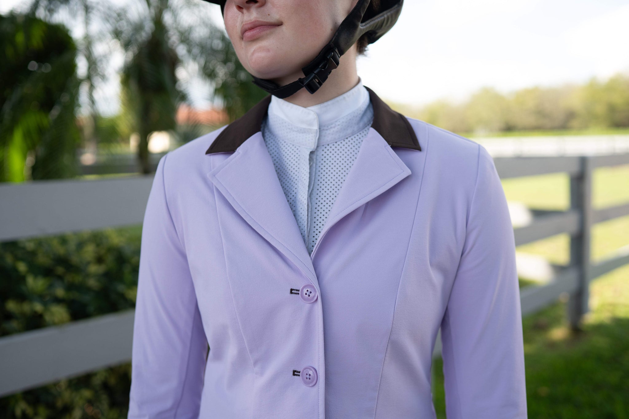 Grand Prix Ladies EQJ 3 Button Show Coat, Lilac with Chocolate Collar - Huntley Equestrian - Flyclothing LLC