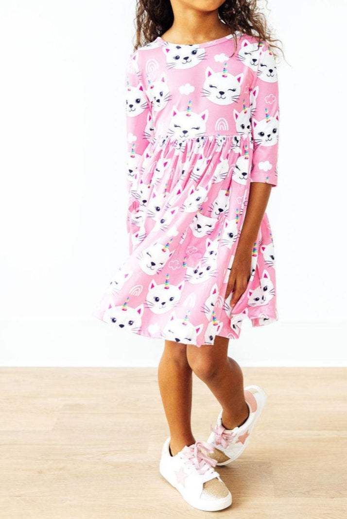 Unicorn Kitties 3/4 Sleeve Pocket Twirl Dress - Mila & Rose ® - Flyclothing LLC