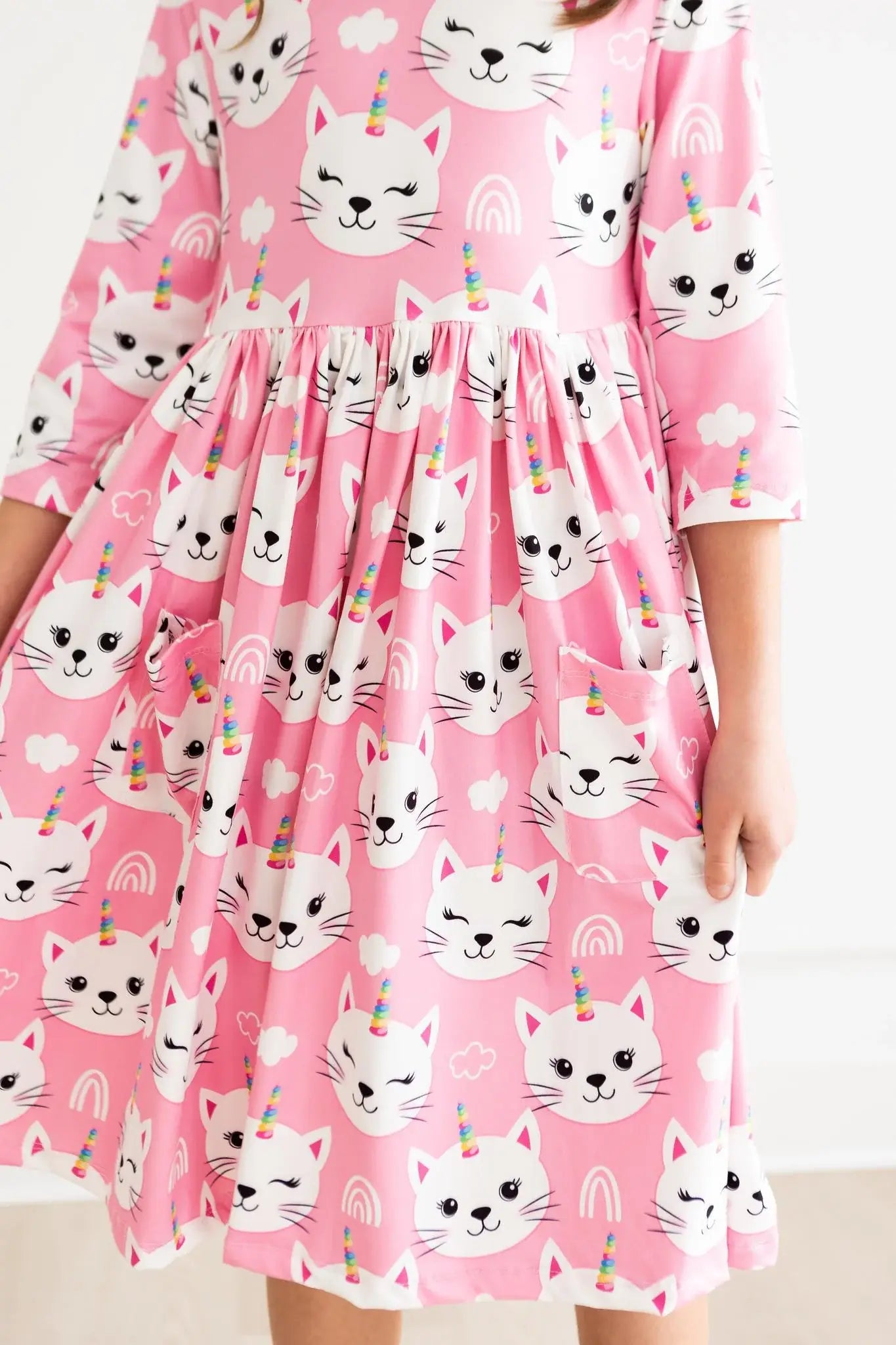 Unicorn Kitties 3/4 Sleeve Pocket Twirl Dress - Mila & Rose ® - Flyclothing LLC