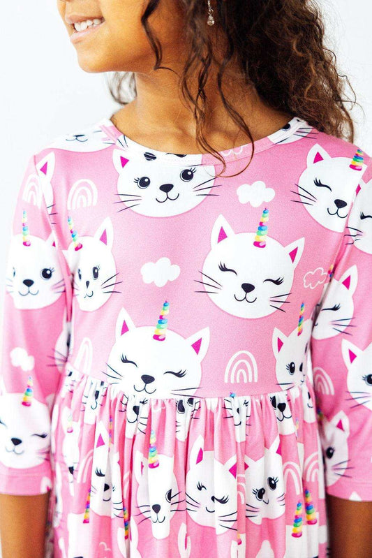 Unicorn Kitties 3/4 Sleeve Pocket Twirl Dress - Mila & Rose ® - Flyclothing LLC