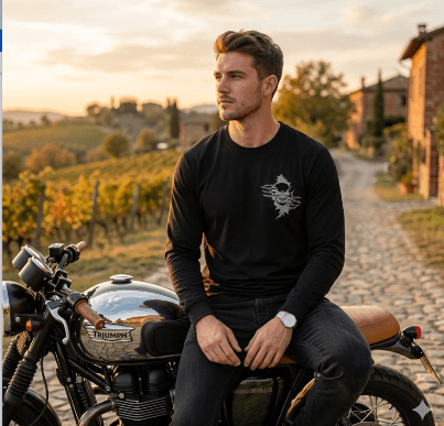 Men's Black Long Sleeve T-Shirt with Skull Graphic Print - Unik Just for Bikers - Flyclothing LLC