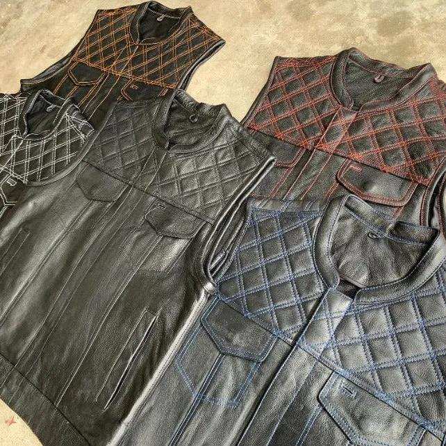 Orange Diamond - Mens Premium Leather Diamond Stitch Club Vest - Unik Just for Bikers - Flyclothing LLC