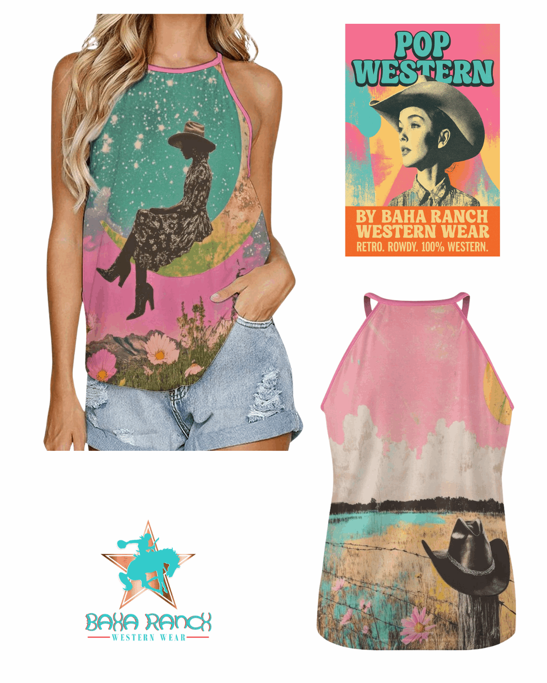 Baha Ranch Cowgirl on the Moon Retro Pop Western Tank Top - Baha Ranch Western Wear - Flyclothing LLC