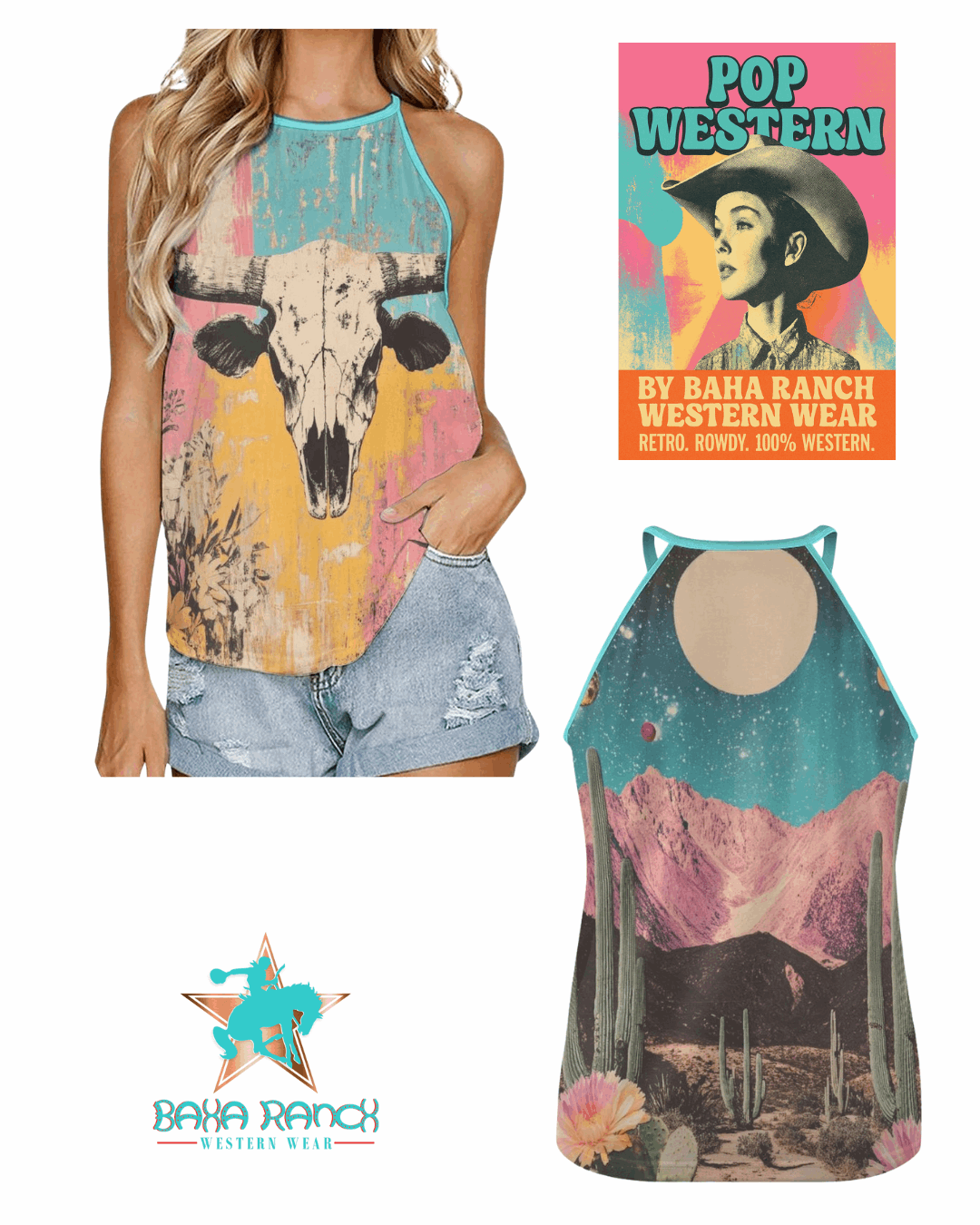 Baha Ranch Bull Skull Retro Pop Western Tank Top - Baha Ranch Western Wear - Flyclothing LLC