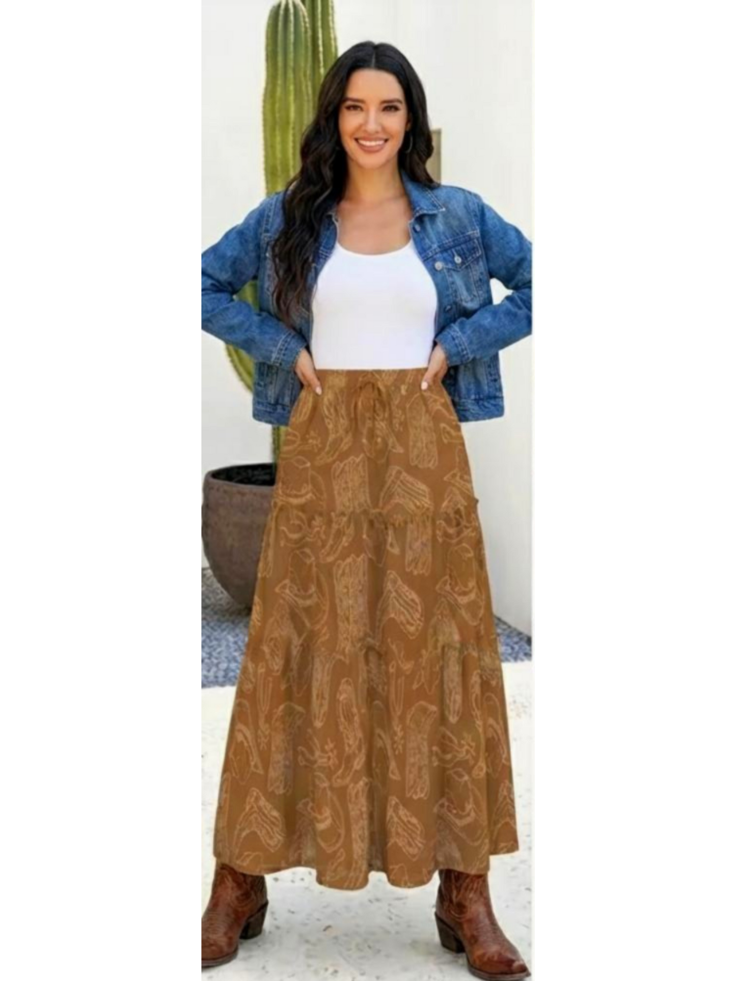 Baha Ranch Western Boot Print Tiered Prairie Maxi Skirt - Baha Ranch Western Wear - Flyclothing LLC