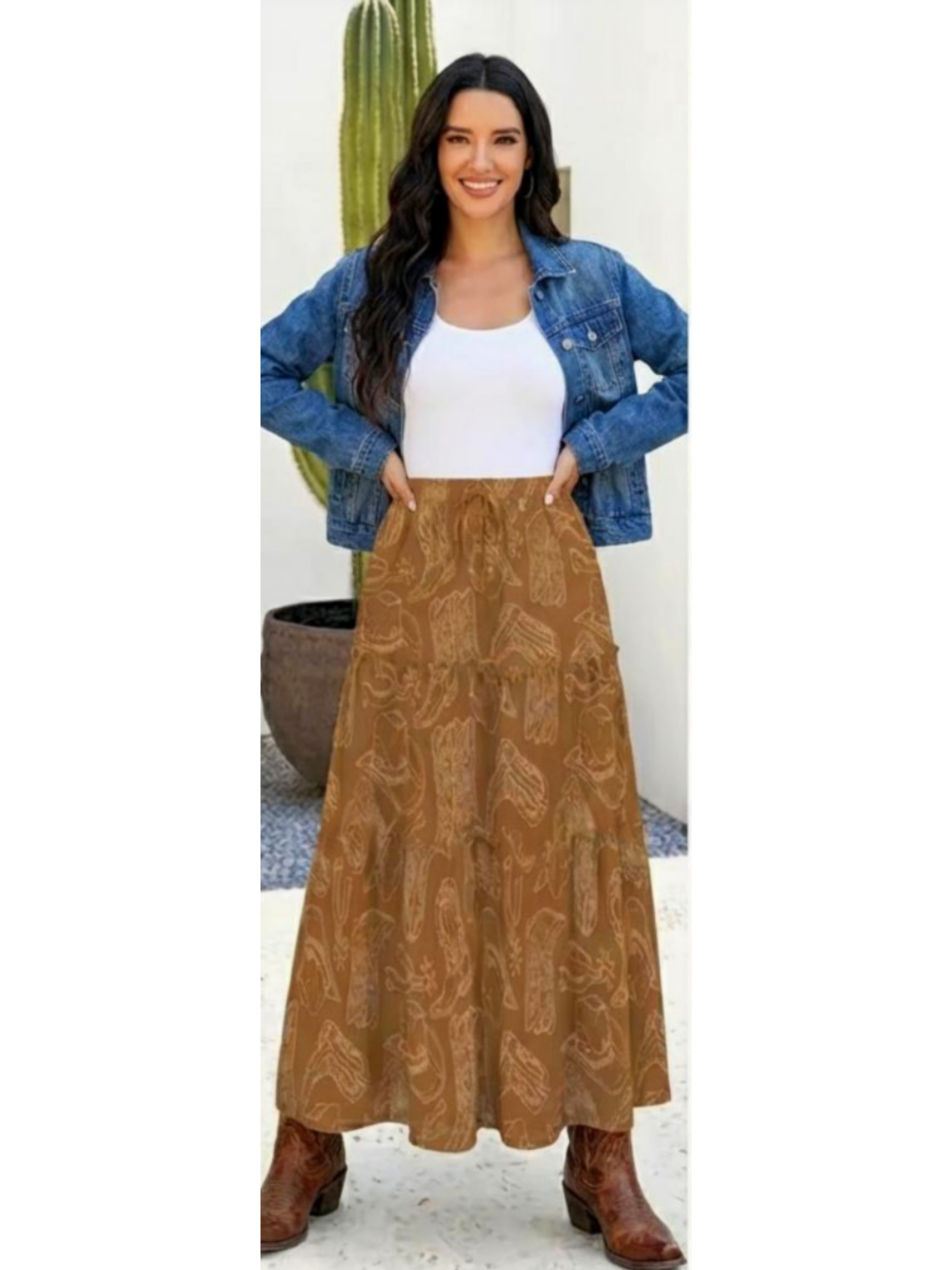 Baha Ranch Western Boot Print Tiered Prairie Maxi Skirt - Baha Ranch Western Wear - Flyclothing LLC