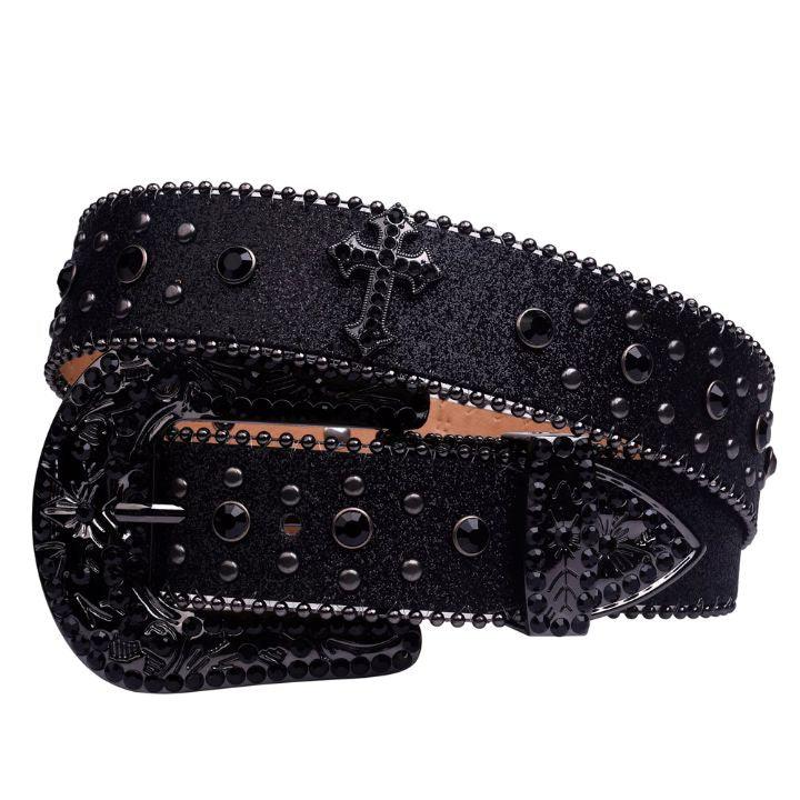 Black Cross Stones With Black Studded Rhinestone Belts - Rhinestone Belt Store - Flyclothing LLC