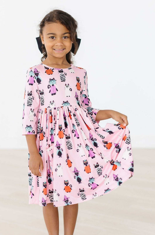 Purr-fectly Spooky 3/4 Sleeve Pocket Twirl Dress - Mila & Rose ® - Flyclothing LLC