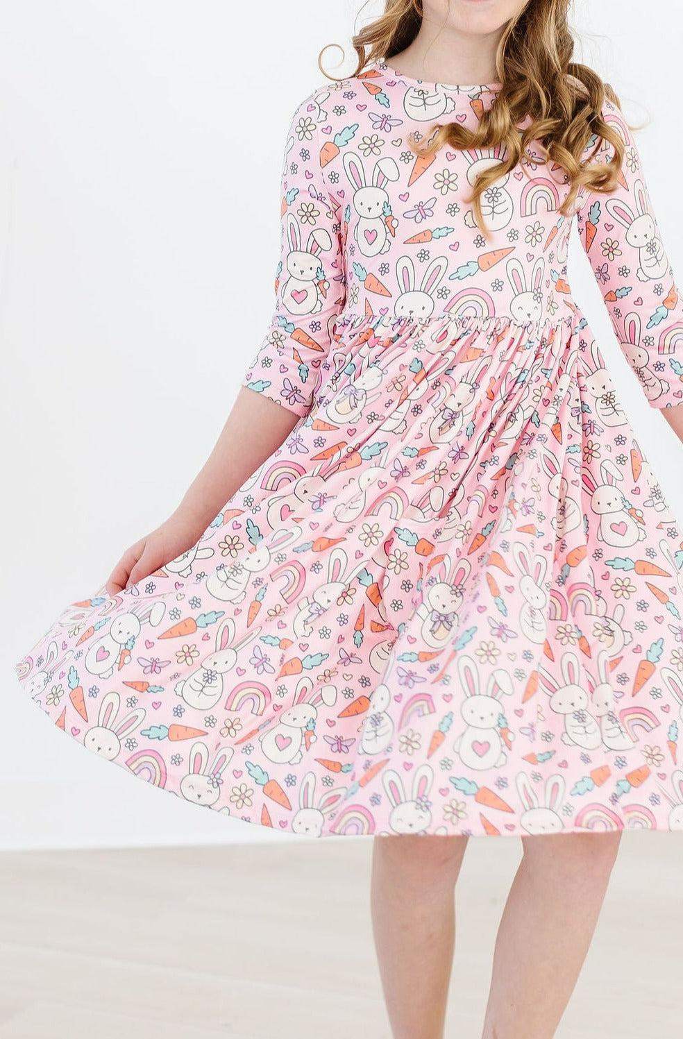 Springtime Bunnies 3/4 Sleeve Pocket Twirl Dress - Mila & Rose ® - Flyclothing LLC