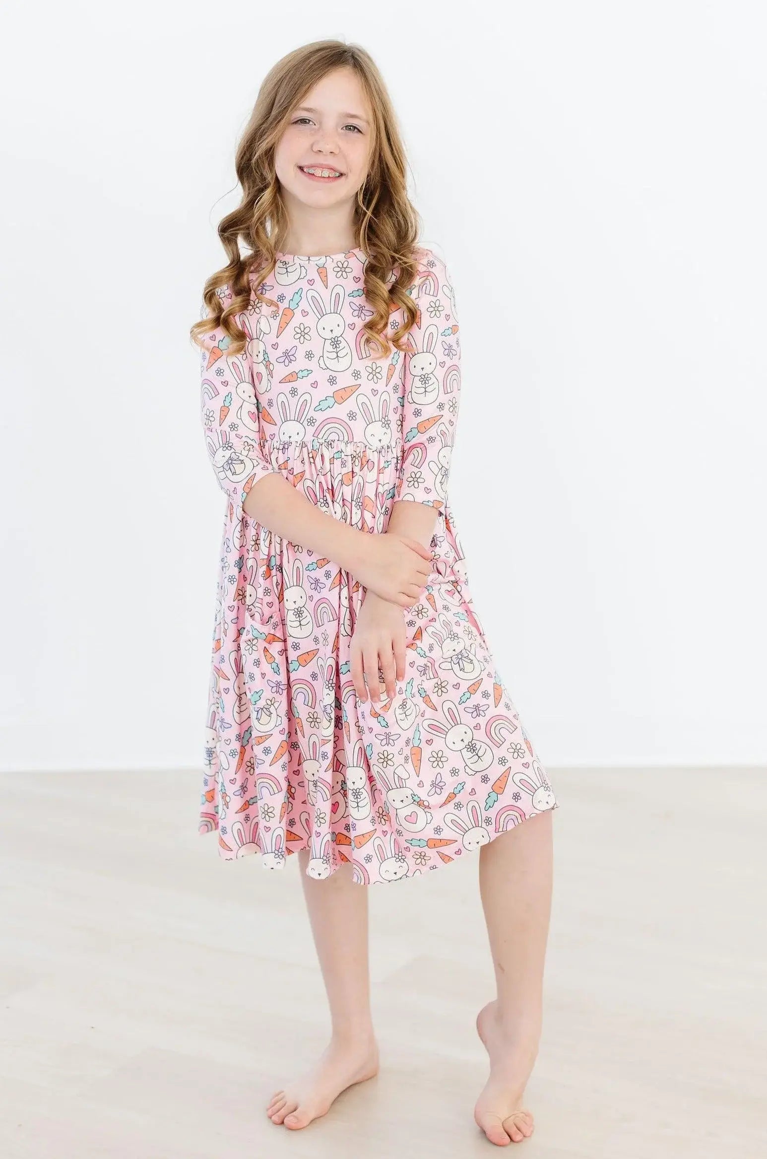 Springtime Bunnies 3/4 Sleeve Pocket Twirl Dress - Mila & Rose ® - Flyclothing LLC