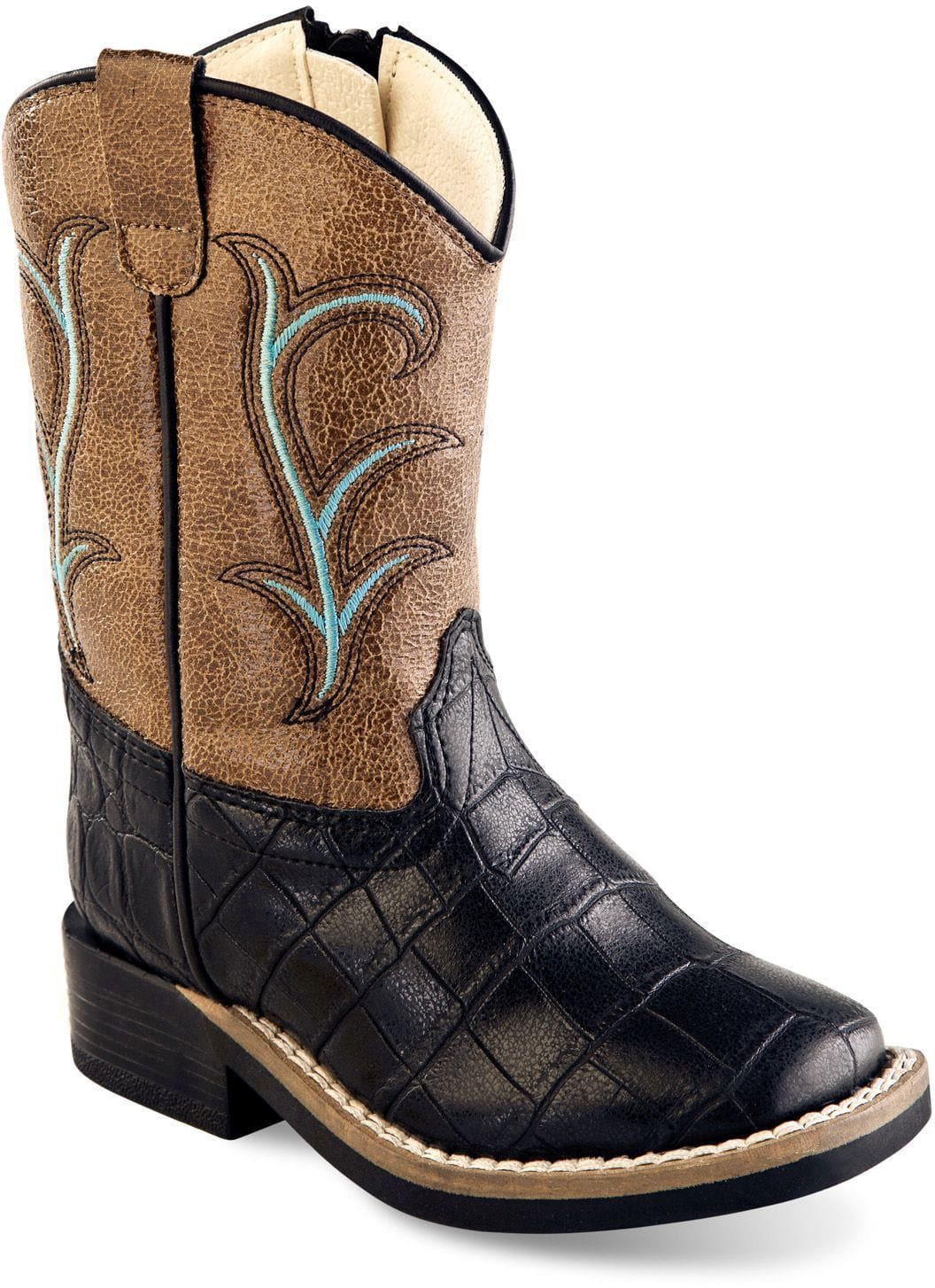 Old West Black Croco Print Foot Light Brown Crackle Shaft Toddler's All Over Leatherette Material Broad Square Toe Boots - Old West