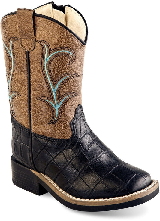 Old West Black Croco Print Foot Light Brown Crackle Shaft Toddler's All Over Leatherette Material Broad Square Toe Boots - Old West