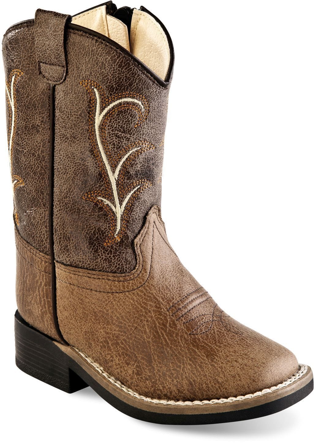 Old West Tan Vintage Foot Brown Crackle shaft Toddler's All Over Leatherette Material Broad Square Toe Boots - Old West