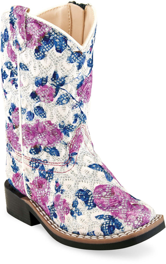 Old West Flower Print Toddler's All Over Leatherette Material Broad Square Toe Boots