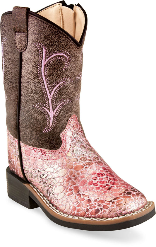 Old West Antique Pink foot Brown Crackle shaft Toddler's All Over Leatherette Material Broad Square Toe Boots